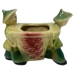 Vintage Shawnee Pottery Planter Chinese Coolies with Basket USA 537 Green MCM